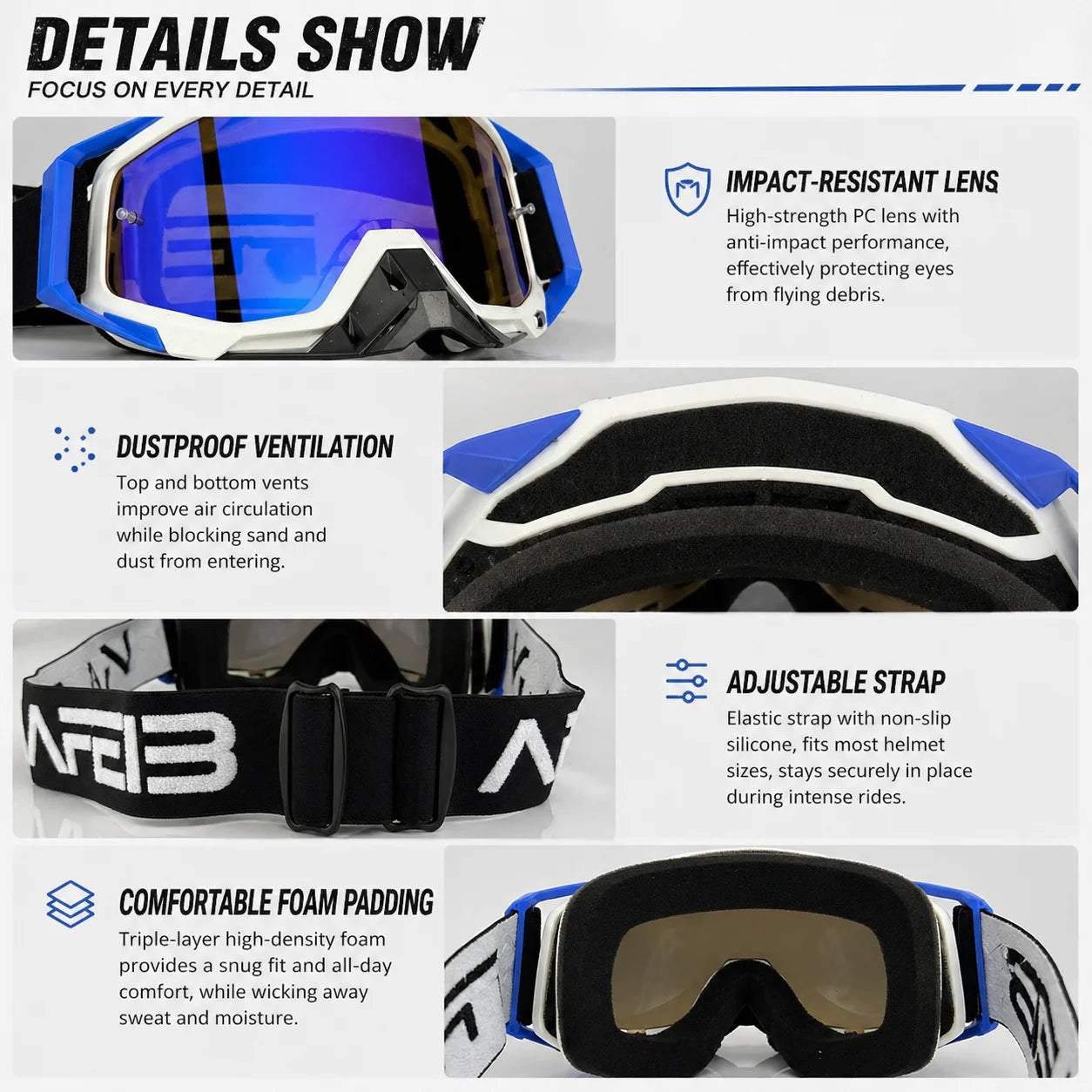 Lunettes de protection NAFEIB coupe-vent tout-terrain anti-poussière enveloppantes pour motocross, VTT, moto tout-terrain, exploration en extérieur, protection pour longs trajets