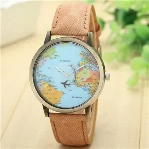 2022 moda mundial mapa del mundo avión mezclilla tela banda casual hombres mujeres relojes de cuarzo reloj regalo Horloges Relógio