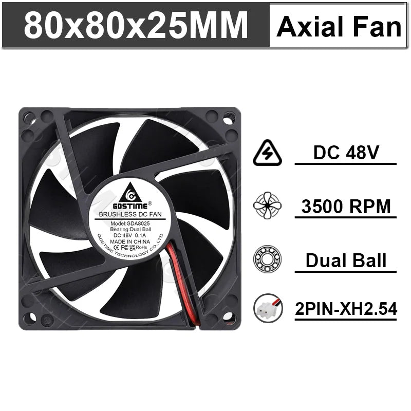 Ventilateur de refroidissement Gdstime 8025 2 broches 48V DC 5V 12V 24V 80mm, ventilateur axial USB à double roulement à billes 80x80x25mm, ventilateur de refroidissement pour boîtier PC 8CM