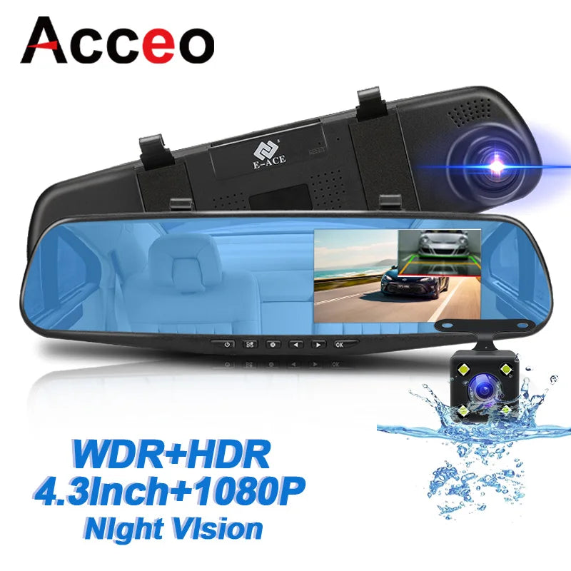 Prada-Dash Cam with Rearview Mirror, Car Video Recorder, Automatic Black Box, Night Vision Camera, Tourist Lens, DVR, 4.3 Inch, 1080P
