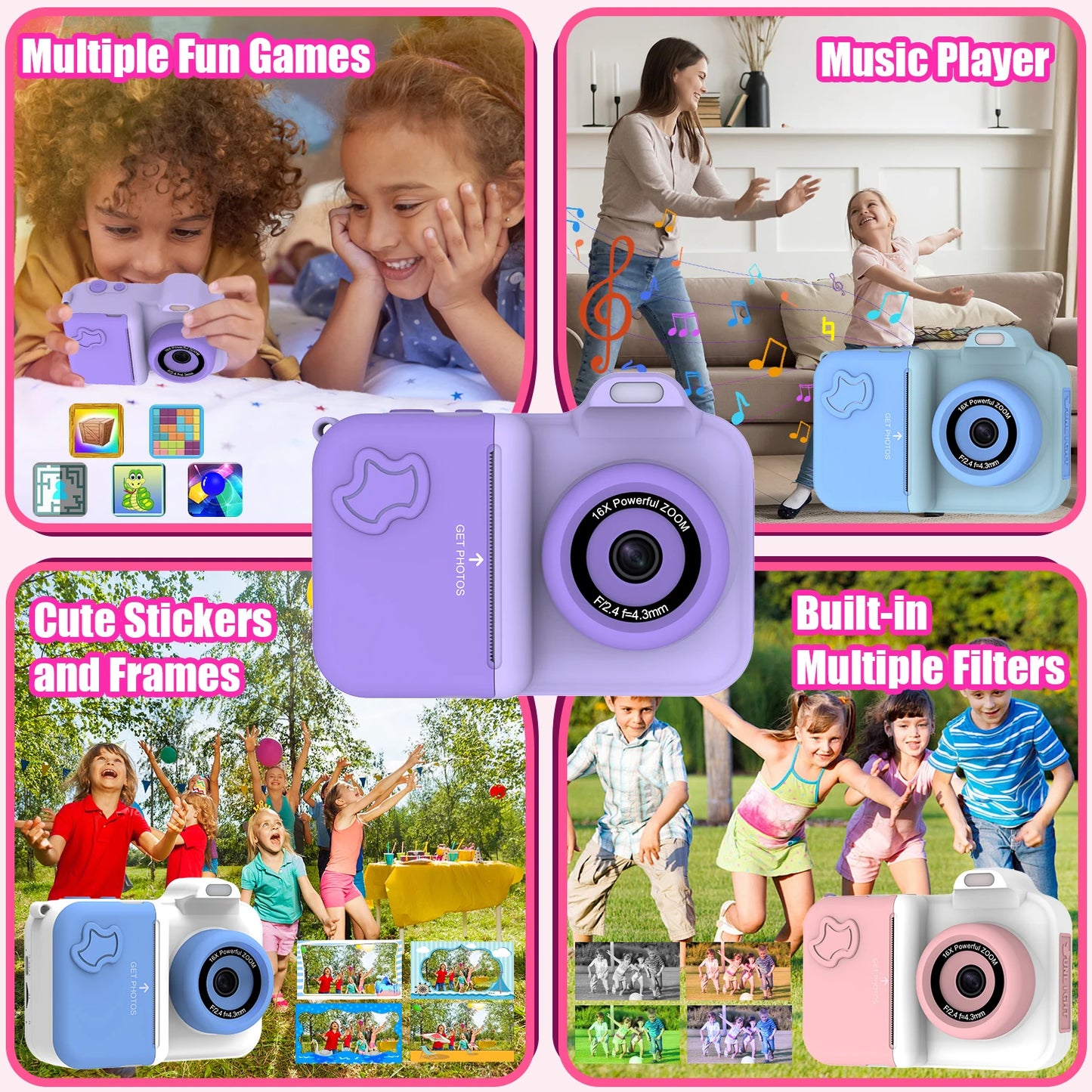 Kids Digital Camera, Instant Print, Dual Lens, 1080P HD Video Recording, 32G, for Boys and Girls, Christmas Gifts, Toys