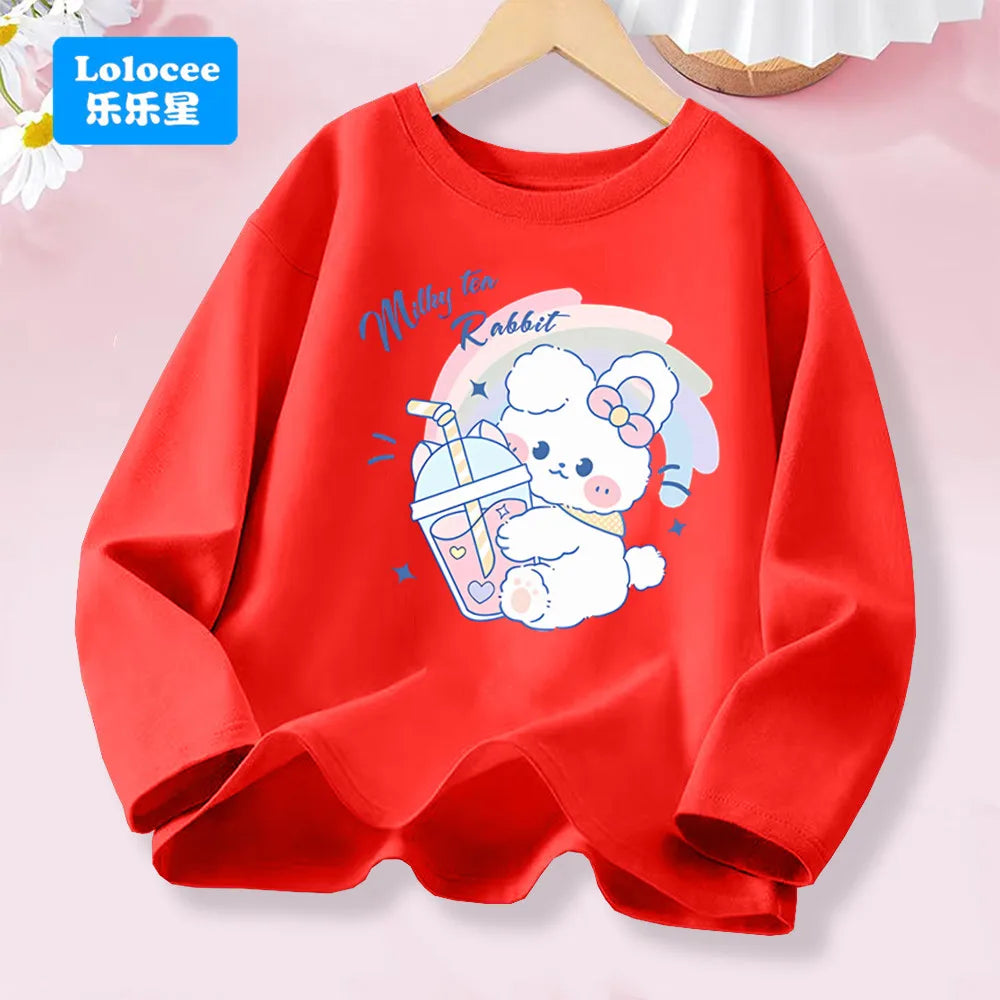 T-shirt rose à manches longues pour filles de 3 à 14 ans, haut en coton pour enfants, mignon "FRESH", imprimé boisson et Animal, nouvelle collection printemps 2026