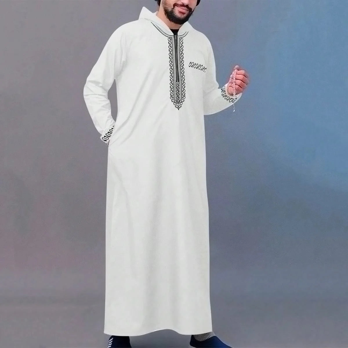 Thobe pour hommes marocain, manches longues style ethnique brodé col montant conception de fermeture éclair hommes musulmans à la mode Abaya fest arabe