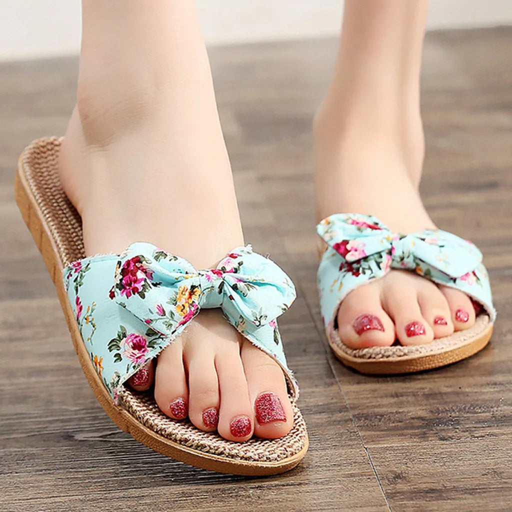 Women's Linen Flip-Flops with Bowknot, Beach Shoes, Slippers