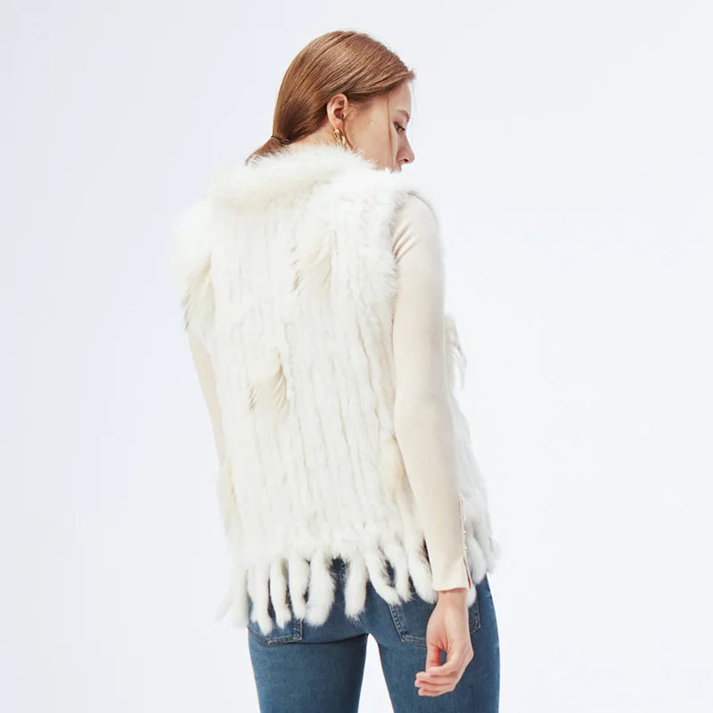 Gilet à glands en véritable fourrure de lapin tricoté — vintage, garniture fourrure raton laveur
