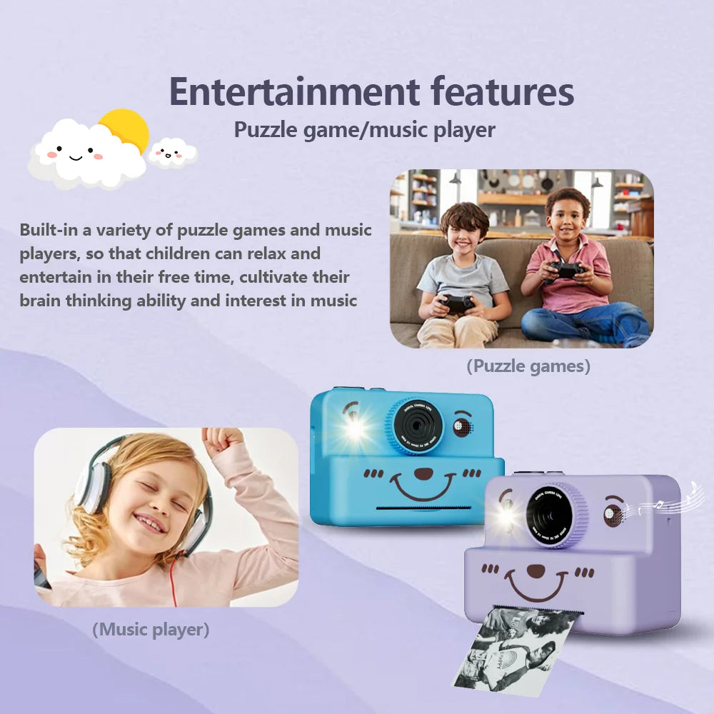 Instant Camera for Kids with 3 Rolls of Thermal Paper, Photo, Video, and Games, 1080p HD Screen, 1500mAh Lithium Battery, Gift for Boys and Girls
