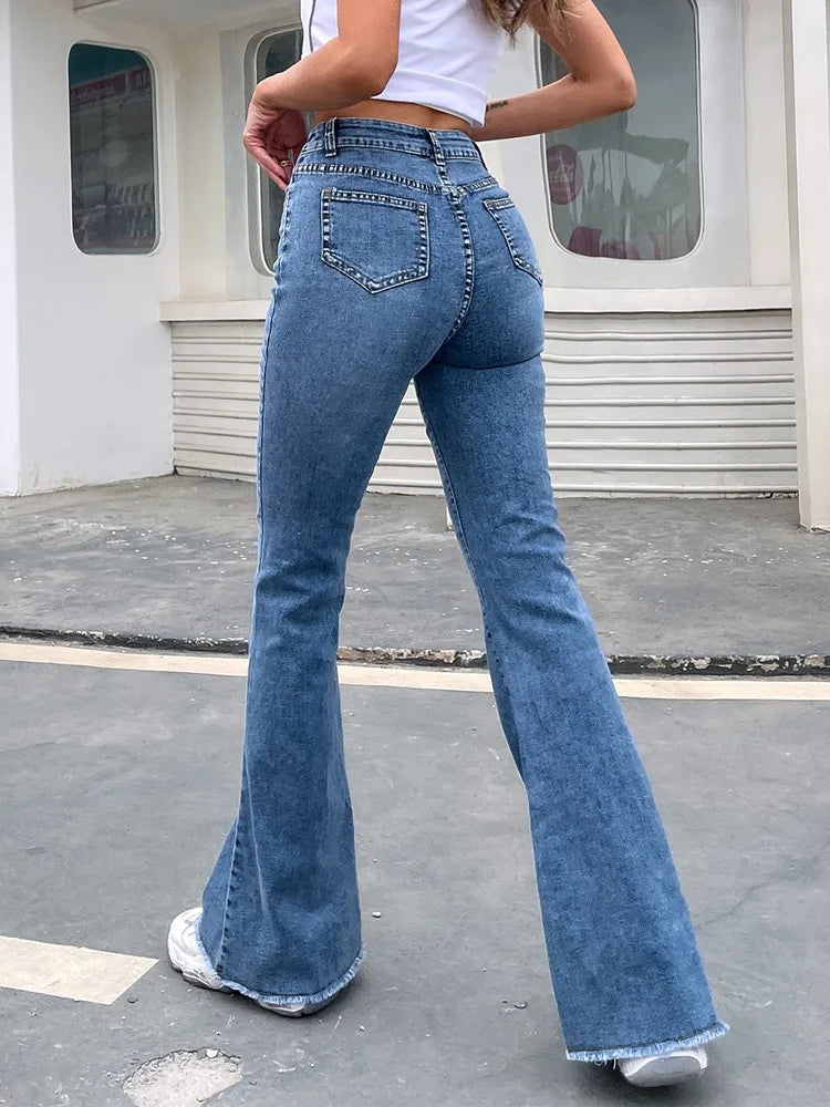 Benuynffy Women's Raw Hem Flare Jeans, Denim Pants, High Waisted, Full Length, Slim Fit, Button Fly, Autumn Fashion
