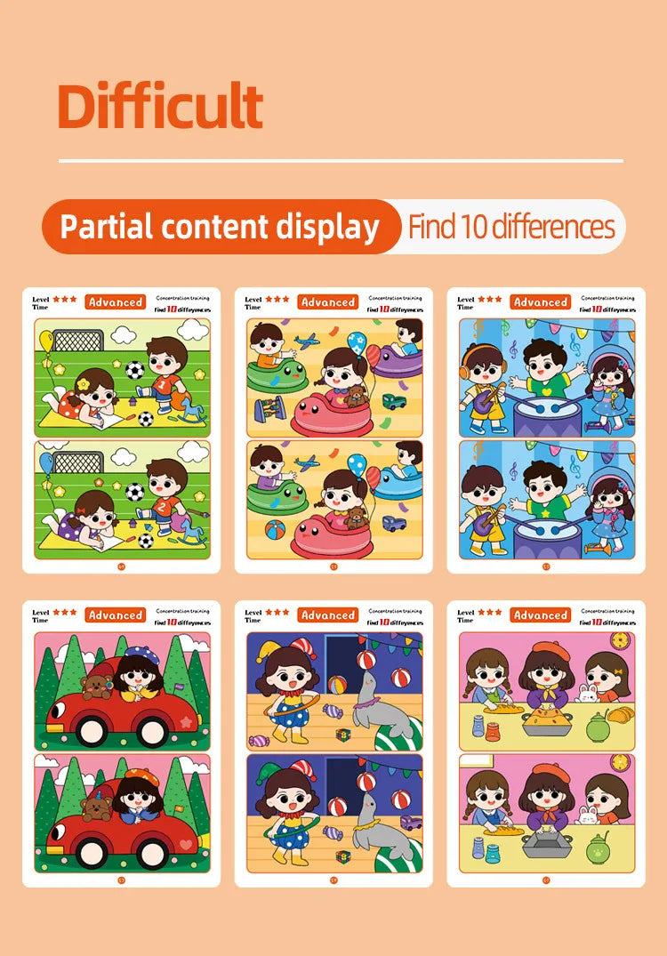 Trouver des différences Jeu de cartes Puzzle éducatif de dessin animé réutilisable pour enfants Trouvez des niveaux de difficulté pour la formation à l'attention de concentration