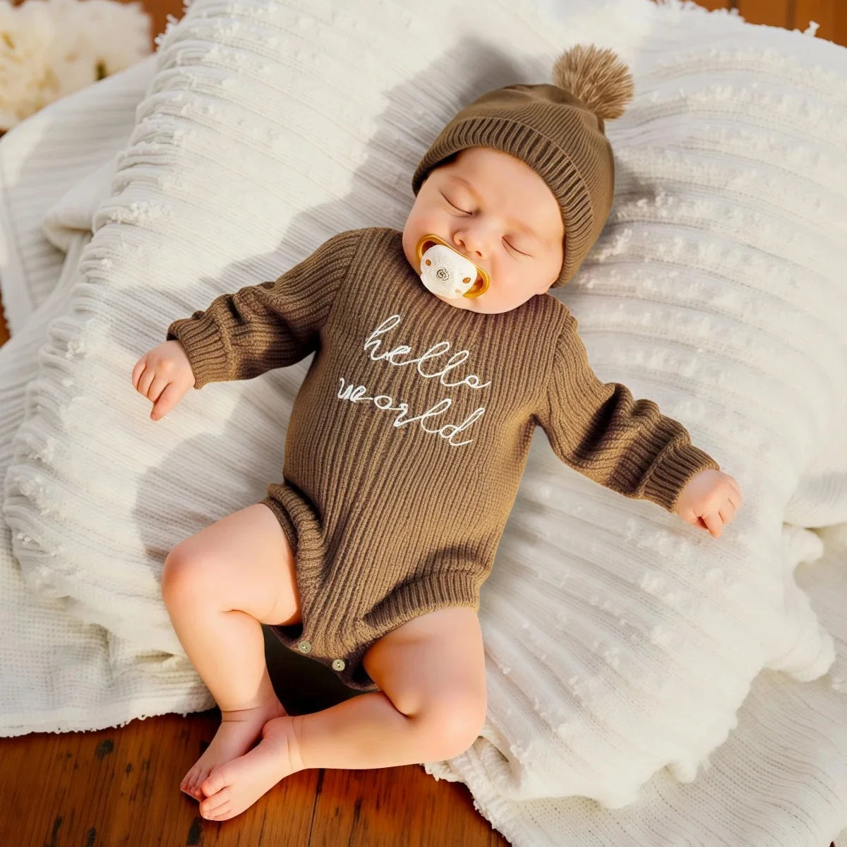 Barboteuse tricotée pour nouveau-né — chapeau à pompon, pull bébé garçon et fille, séance photo HD (v5)