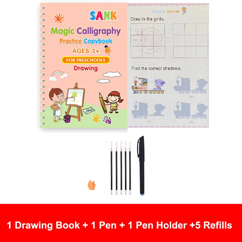Cahier de pratique magique pour enfants — stylo, calligraphie, écriture réutilisable, préscolaire