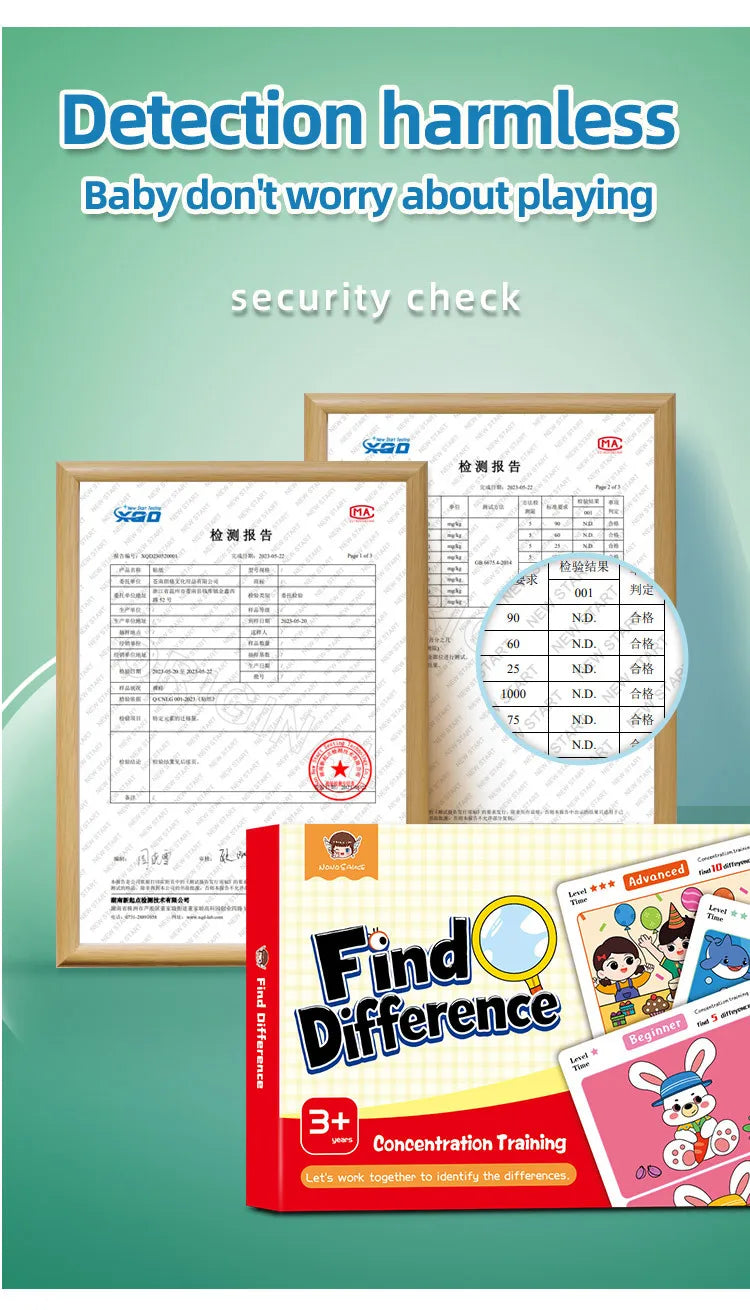 Trouver des différences Jeu de cartes Puzzle éducatif de dessin animé réutilisable pour enfants Trouvez des niveaux de difficulté pour la formation à l'attention de concentration
