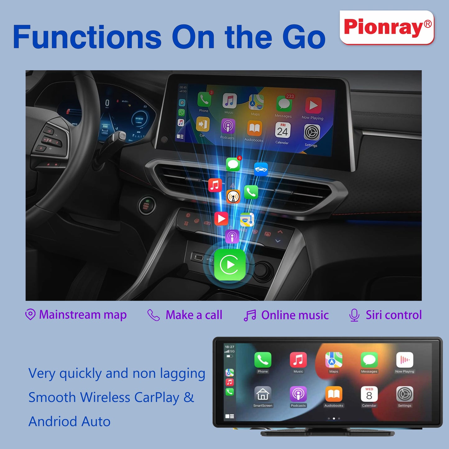 Wireless Portable Carplay Screen for Car, 10.26-inch, Carplay and Android Auto, Touch Stereo, with Dash Cam, Backup Camera