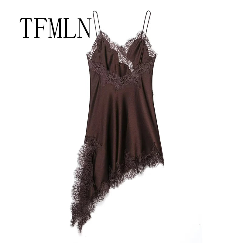 Women's Sexy Irregular Lace Dress Fashion V-Neck Hem Strap Long Dresses 2025 New Fashion Party Dresses