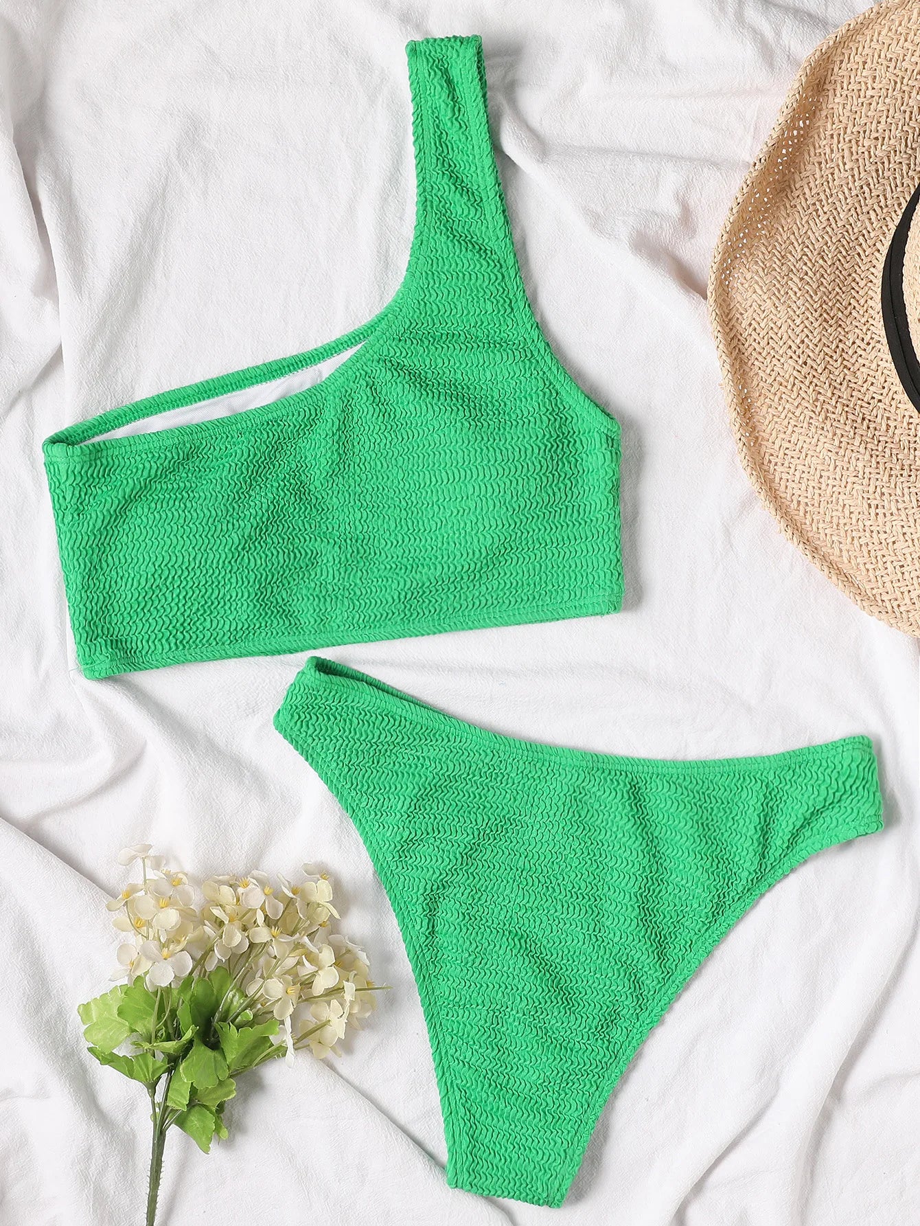 Une épaule Bikini texturé maillots de bain coupe haute maillot de bain solide maillot de bain femmes brésilien 2025 mode