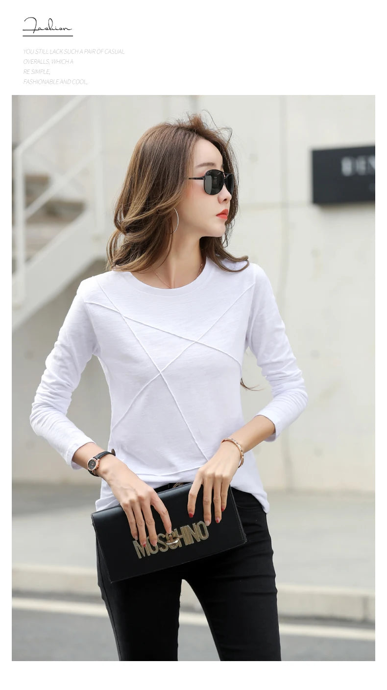 2026 printemps à manches longues femmes col rond bambou coton T-Shirt élégant ample côtelé mode T-Shirt dames Simple hauts