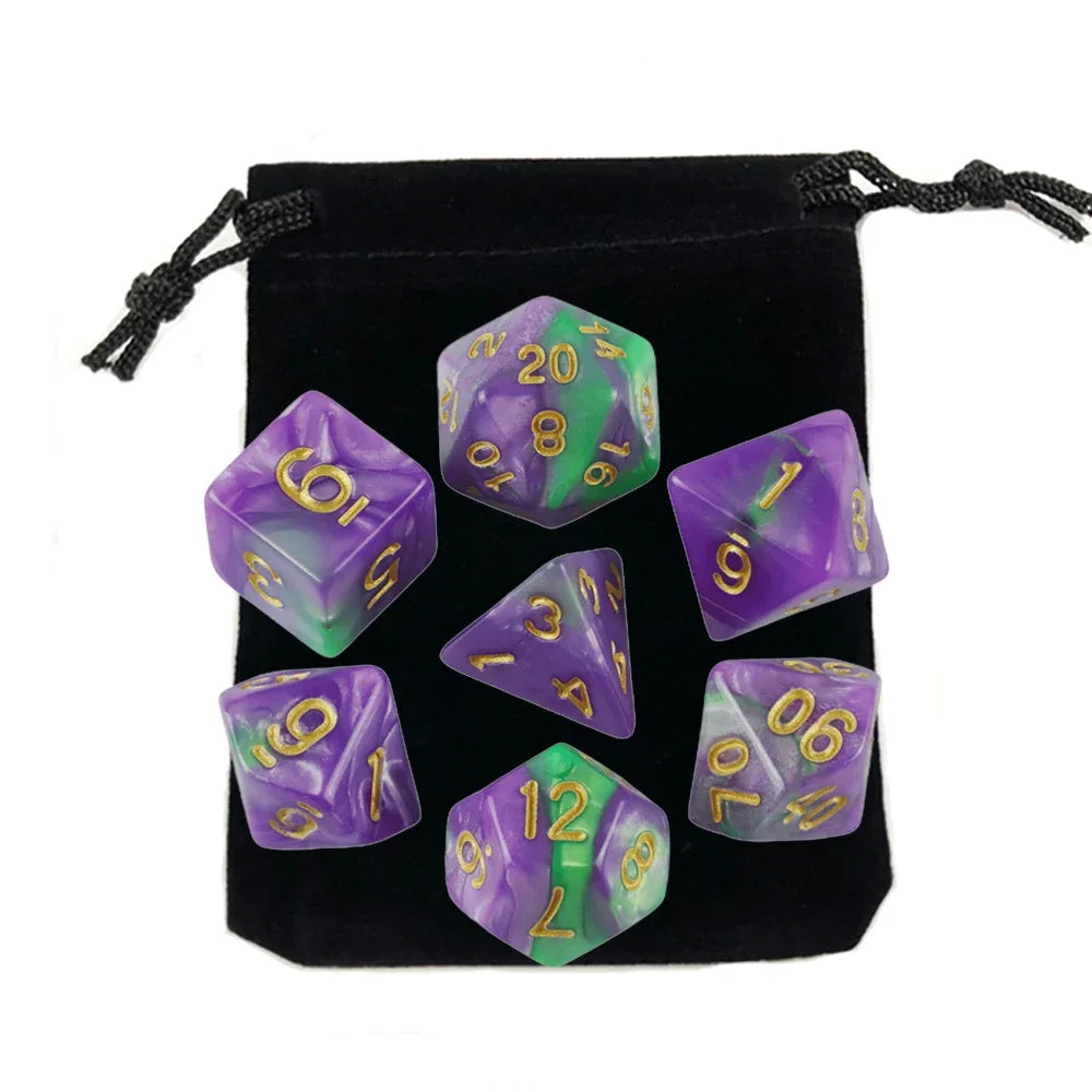 Dés polyédriques avec sac — jeu de société, jeu de rôle, d4, d6, d8, d10, d12, d20, 7 pièces