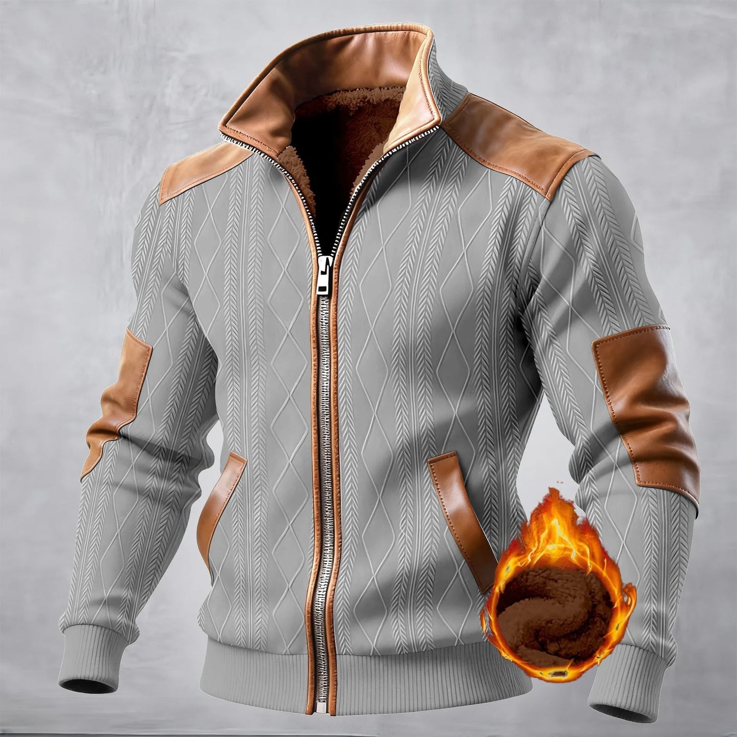 Men's Casual Jacket, textured, jacquard patchwork, fashionable, stand-up collar, warm and comfortable, winter