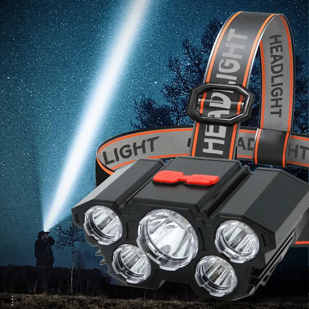 Lampe de poche à 5 LED, Rechargeable, avec batterie au Lithium intégrée, phare puissant, pour Camping, aventure, pêche, cyclisme