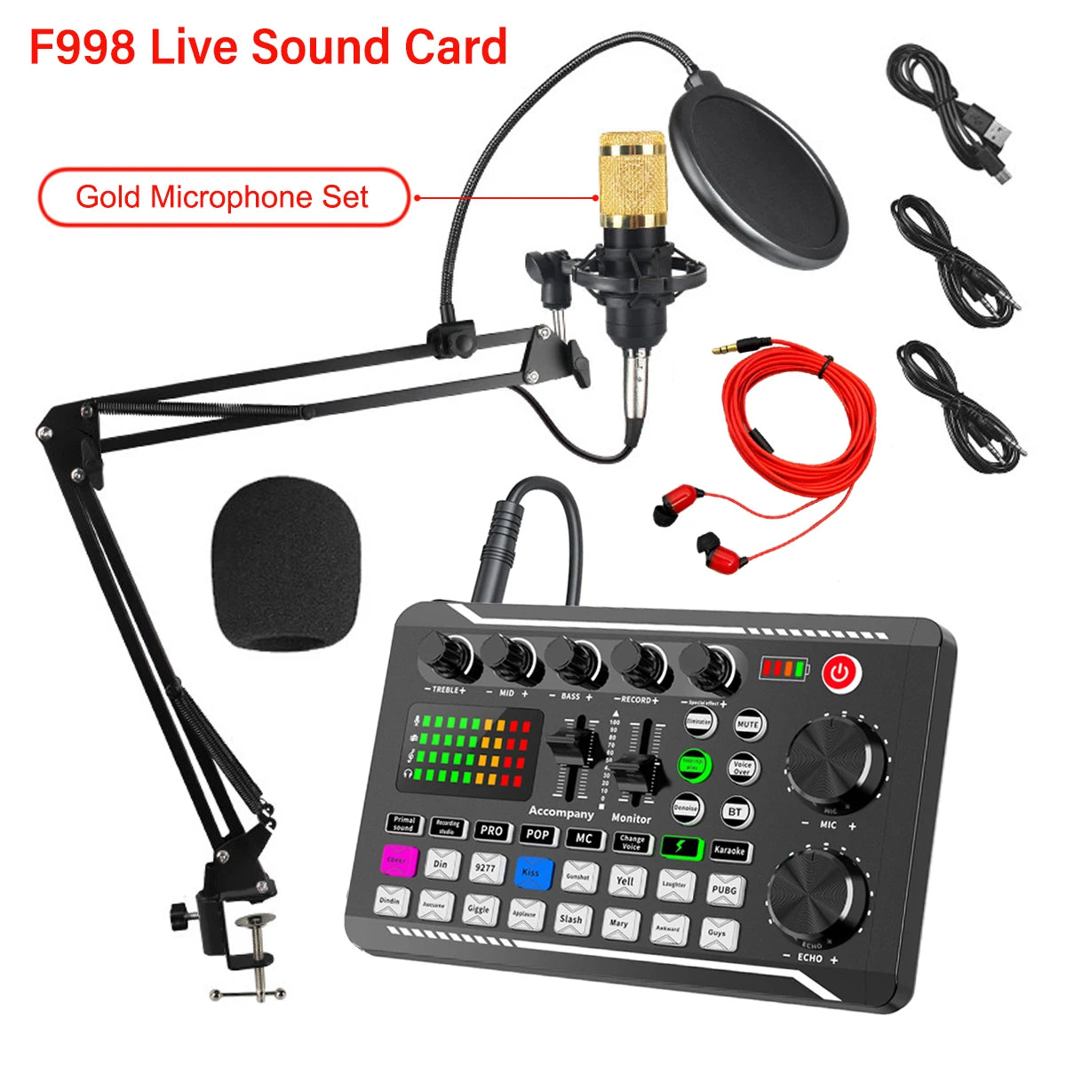 F998 — Kit Studio Podcast Complet Carte Son, Microphone & Mélangeur