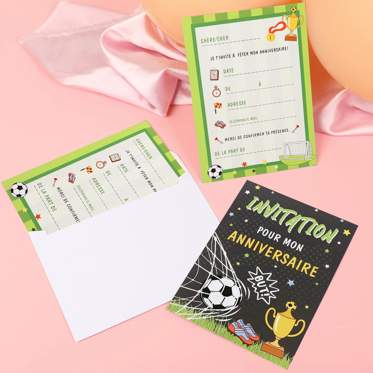 12 Cartes d’Invitation Anniversaire Thème Football — Design But & Trophée, Garçon & Fille