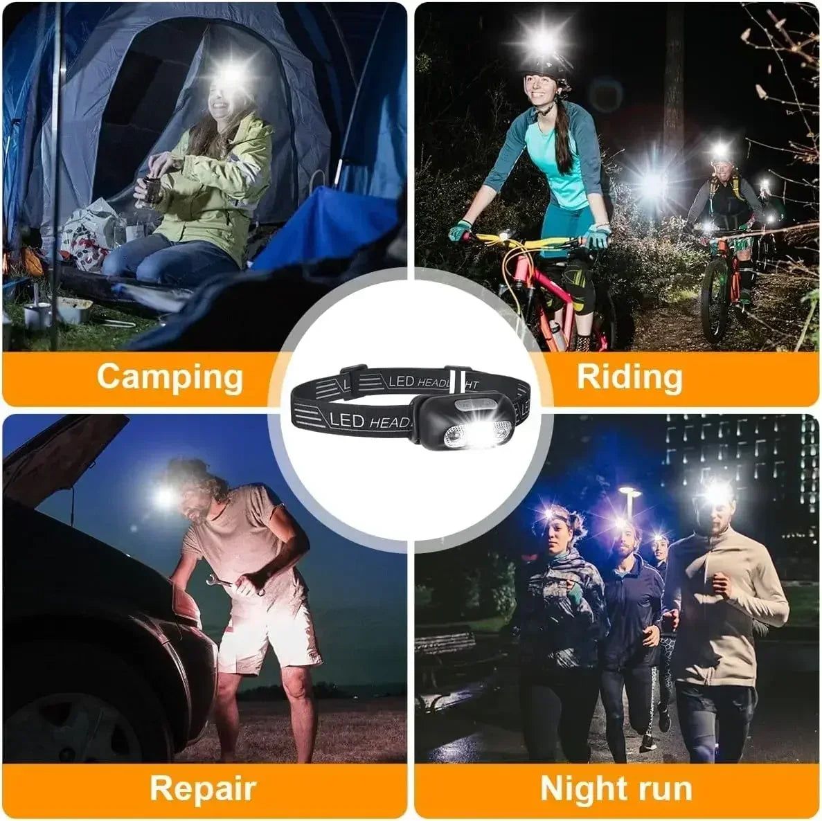 Lampe frontale puissante à LED portable avec capteur, rechargeable par USB, lampe torche frontale pour camping, pêche, lanterne d'urgence