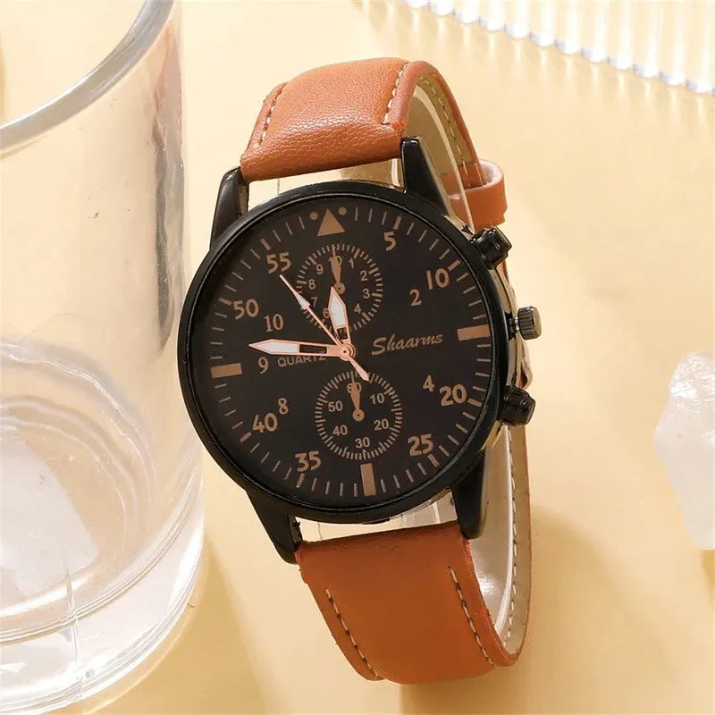 New Men Luxury Watch Bracelet Set Business Fashion Brown Leather Quartz Watches for Men Gift Relogio Masculino