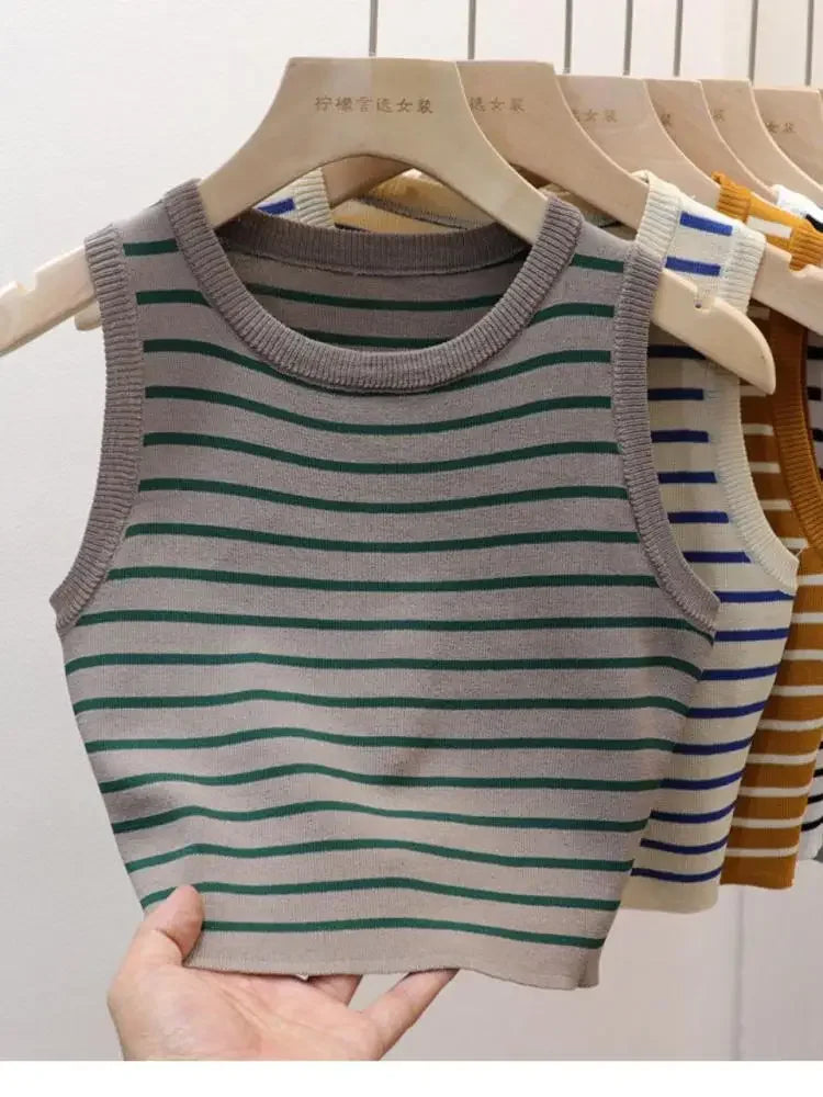 Débardeurs rayés tricotés sans manches pour femme, collection Printemps-Été 2026, style crop top, coupe ajustée élastique, décontracté, pull-over, camisole