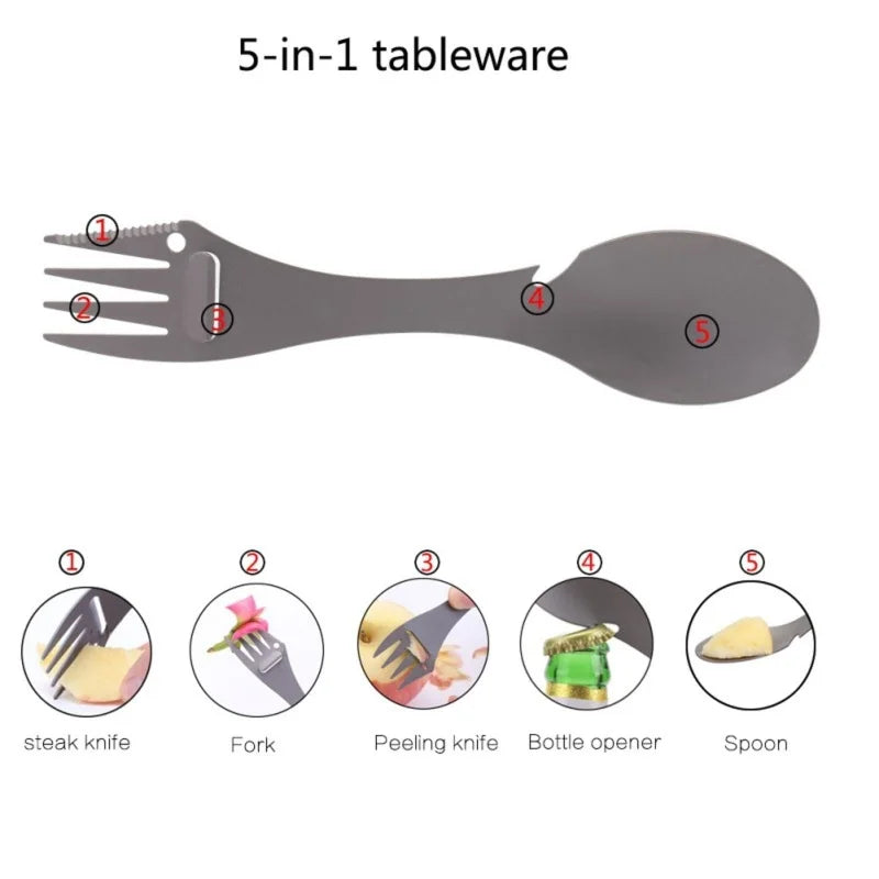 Cuillère fourchette de camping 5 en 1 en titane avec ouvre-bouteille éplucheur à bord dentelé, ustensile d'extérieur portable ultraléger (1 pièce)