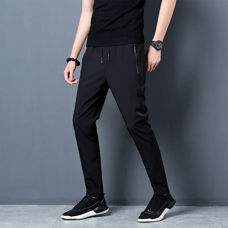 Pantalon décontracté homme stretch — coupe ajustée, taille élastique, style coréen, bleu, noir, gris, grande taille