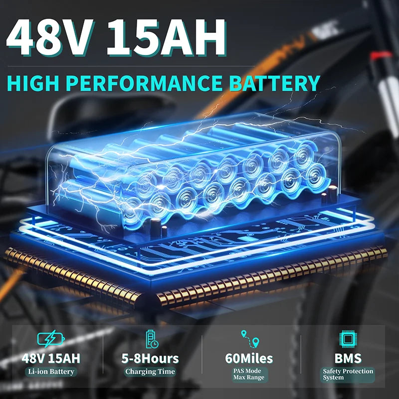 Vélo Électrique 1500W 48V 15AH — 26 Pouces Gros Pneu Neige E-Bike Batterie Lithium