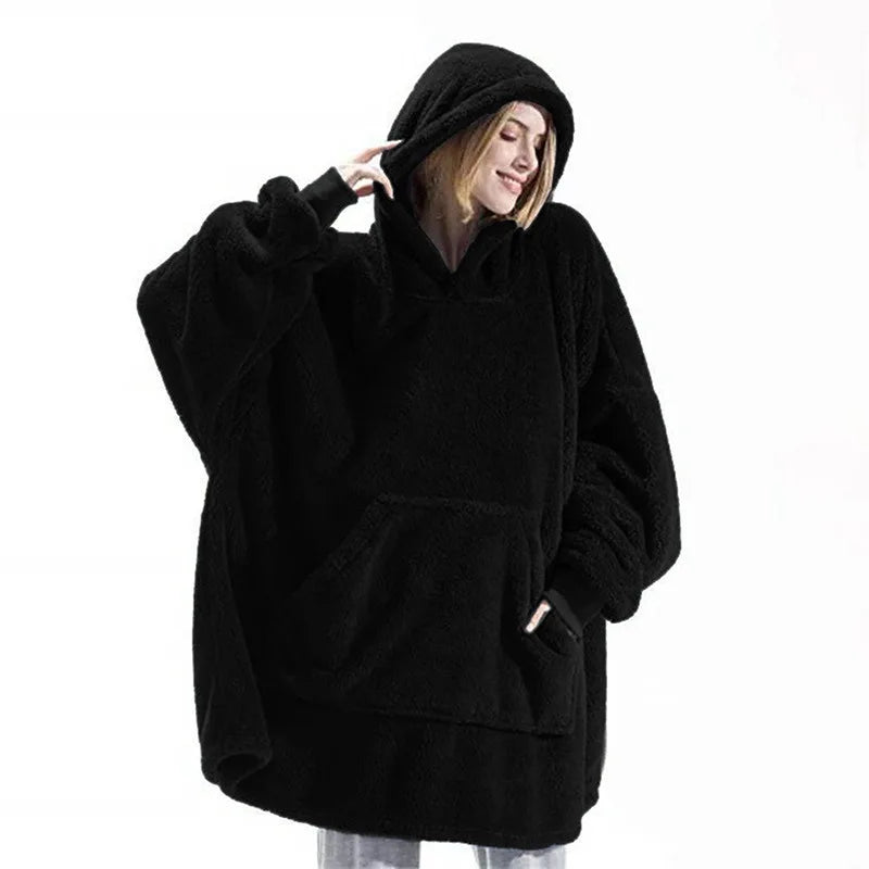 Femmes hiver épais chaud vêtements d'extérieur à capuche solide élégant doux Double polaire veste unisexe poche pull longs sweats à capuche vêtements de maison