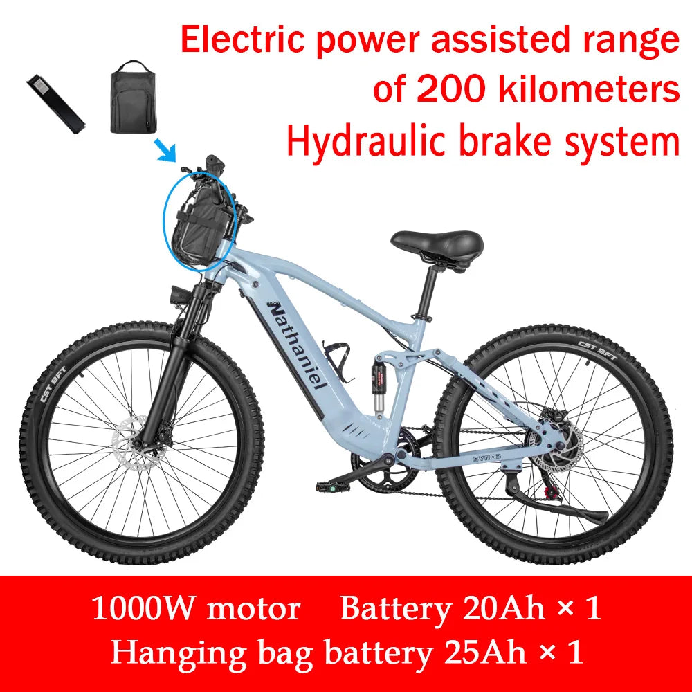 Nathaniel E-Bike, 1000W Brushless Motor, 27.5 Inch Adult Electric Mountain Bike, 45Ah Large Capacity Batteries, 7 Speed, 45KM/H, Outdoor Travel Bike