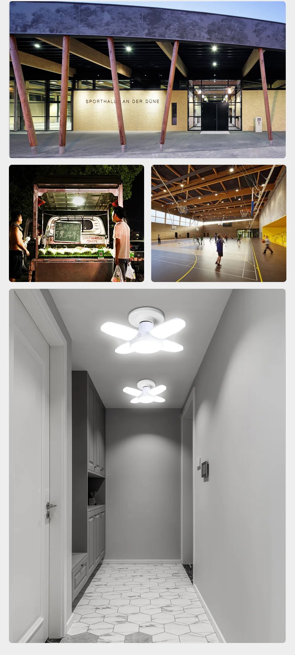 Ampoule LED pliable en forme d'éventail E27, déformation AC220V/110V pour plafonniers domestiques, entrepôt et Garage, feuille blanche 6500K