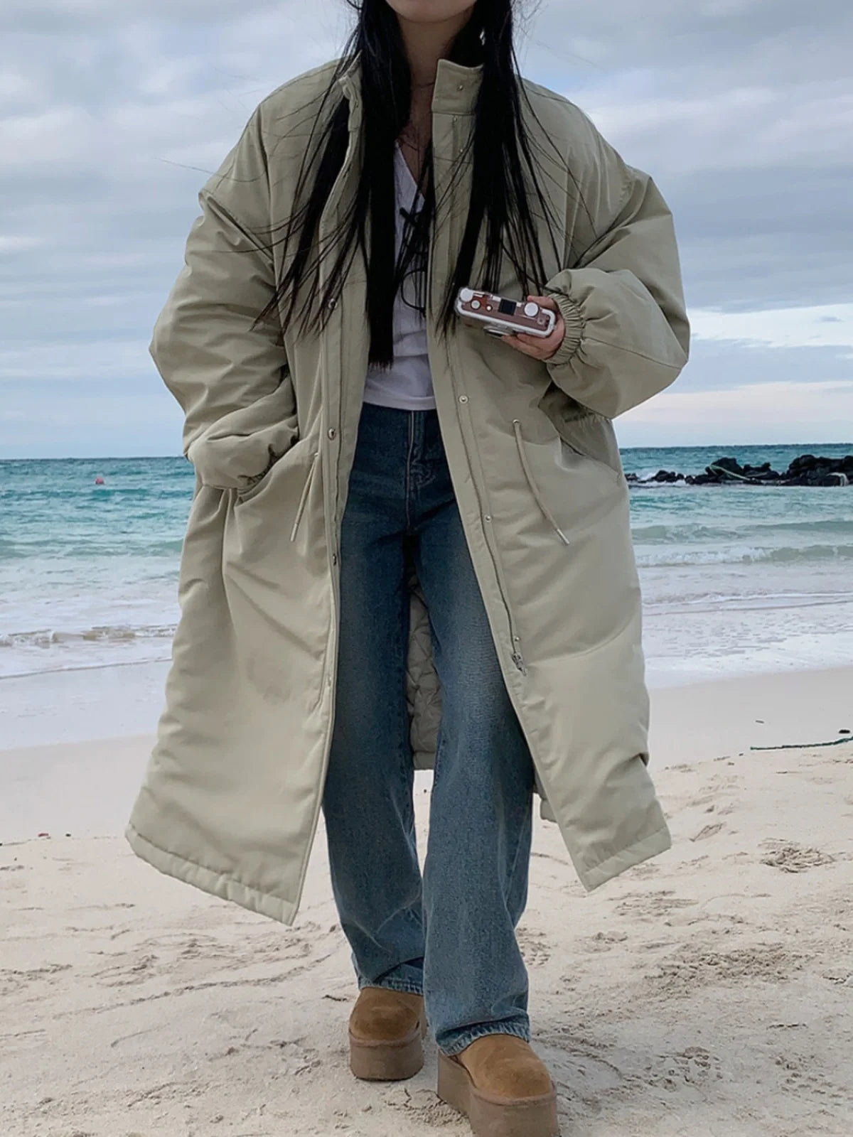 Manteau long chic en coton pour femme, chaud, style coréen, coupe ample, avec cordon de serrage, idéal pour le travail et les trajets quotidiens