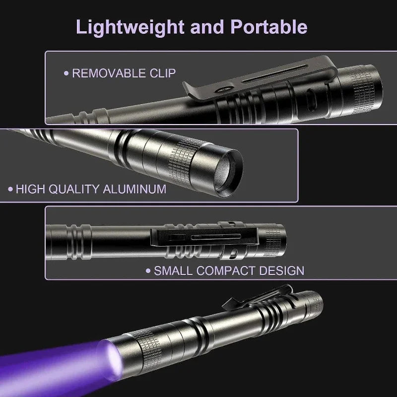 Linterna UV 395nm, antorcha ultravioleta con clip para bolígrafo, pilas AAA portátiles usadas, luz morada, detector de orina de mascotas y escorpiones, lámpara UV