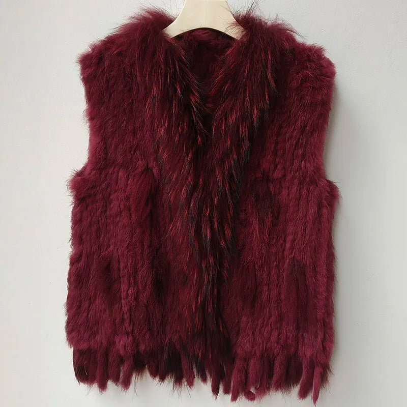Chaleco de punto de piel de conejo natural auténtica con pompón, chaleco cálido sin mangas para mujer, con ribete de piel de mapache auténtica