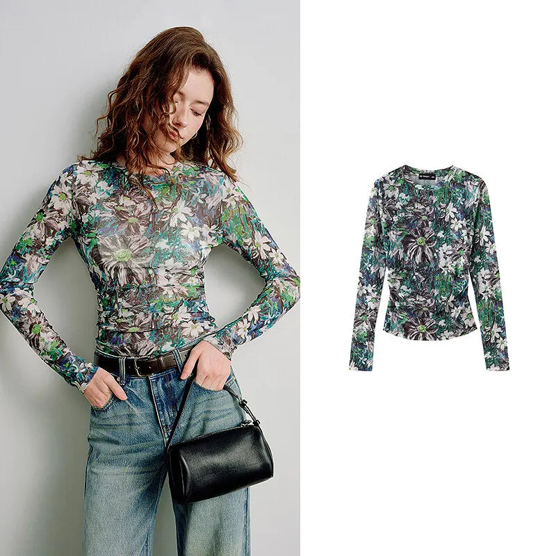 T-shirt femme en maille imprimé 2026 — printemps, taille découpée, Y2K, hauts courts