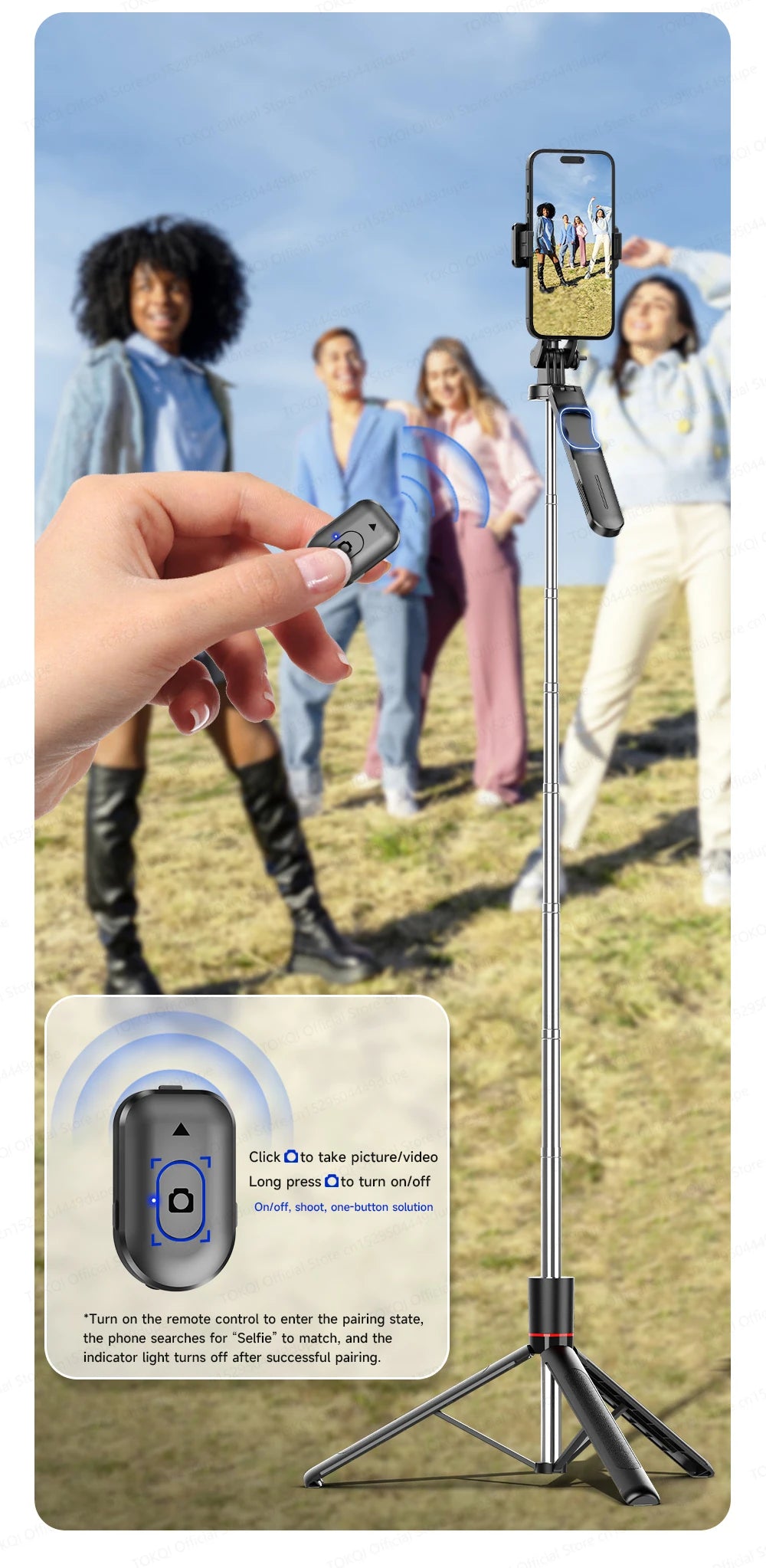 TOKQI — Bâton Selfie Extensible 360° Télécommande Bluetooth & Lumière Optionnelle