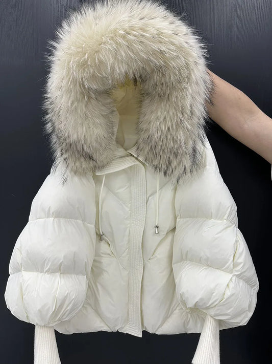 Invierno con capucha cuello de piel grande natural corto de plumón para mujer chaqueta exterior de plumón de pato blanco chaqueta acolchada cálida de manga linterna para mujer