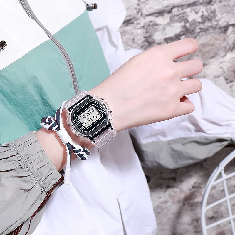 LED Transparent Digital Watch for Kids Men Women Square Small Luminous Dial Sport Electronic Wristwatch Kids Watch