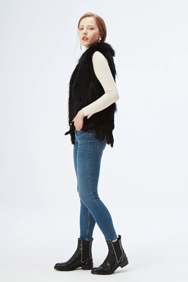 Gilet à glands en véritable fourrure de lapin tricoté — vintage, garniture fourrure raton laveur