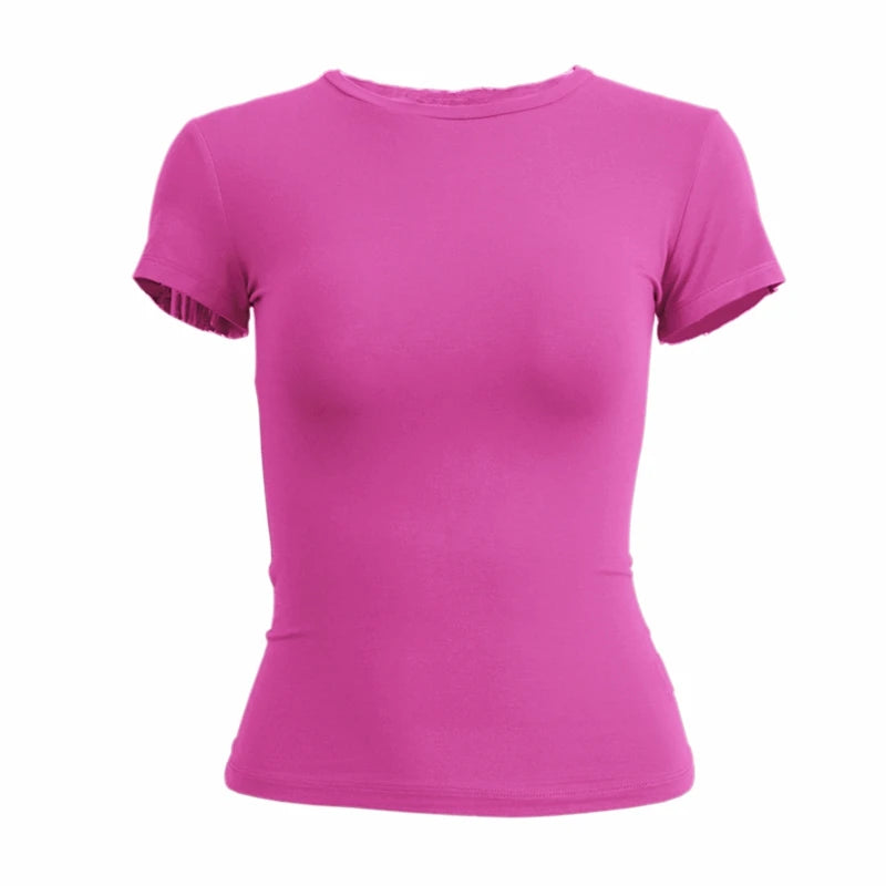 Women's Short Sleeve T-Shirt Slim Fit Tops for Women Round Neck Knitted Sheath T-Shirt Sporty Streetwear 2024 Y2K New2410