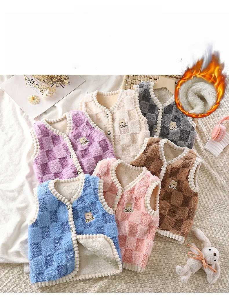 Manteau polaire pour enfants, Gilet chaud Double épaisseur, motif à carreaux, pour garçons et filles, vêtements d'extérieur sans manches, automne et hiver