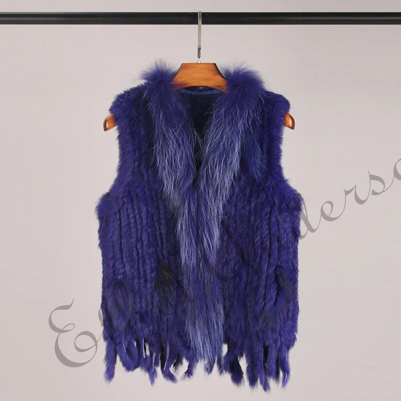 Gilet à glands en véritable fourrure de lapin tricoté — vintage, garniture fourrure raton laveur