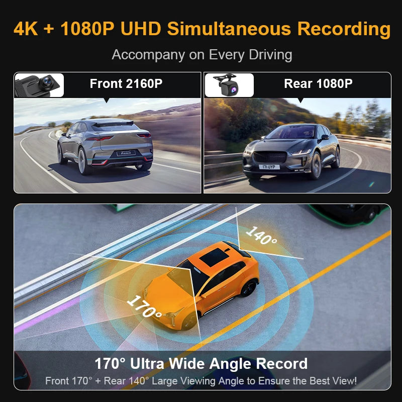Dashcam voiture 10 pouces 4K Super Vision nocturne — écran tactile, double objectif, enregistreur de tableau de bord