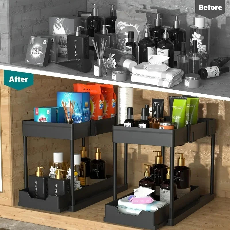 2-Tier Multifunction Kitchen Sink Organizer, Sliding Cabinet Basket with Hooks, Hanging Cup, New Space-Saving Stand for Bathroom and Kitchen