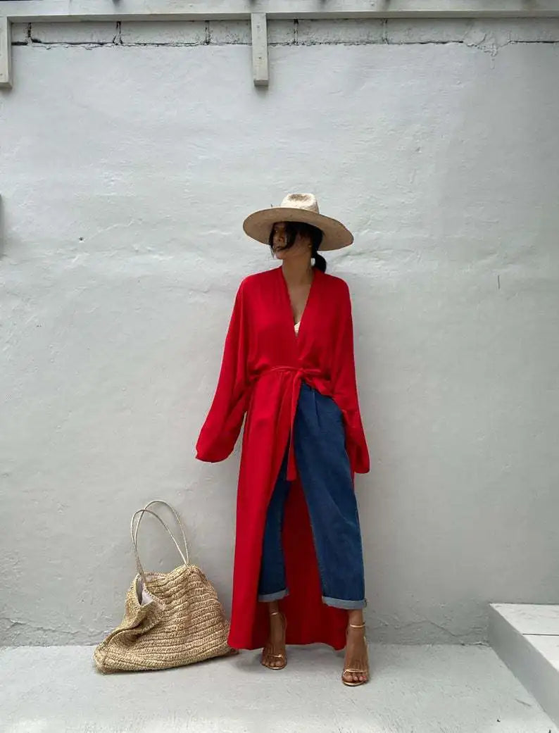 Robe de Plage Longue avec Ceinture pour Femme, Kimono Sexy, Cardigan d'Été, 5 Couleurs Unies