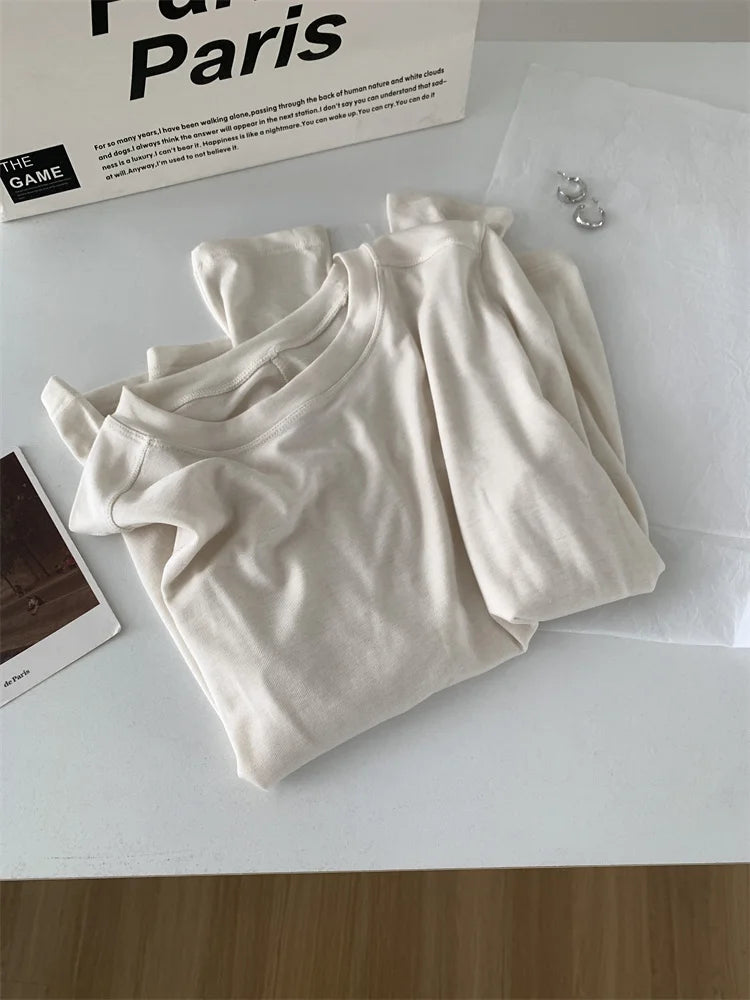 Women's long-sleeved T-shirt, silk wool splice, thin top, soft, waxy, solid color, spring summer
