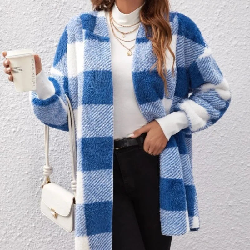 Cardigan Double polaire à carreaux pour femme, doux, ample, manches longues, peluche, chaud, veste à capuche, Patchwork, manteau d'extérieur, automne hiver