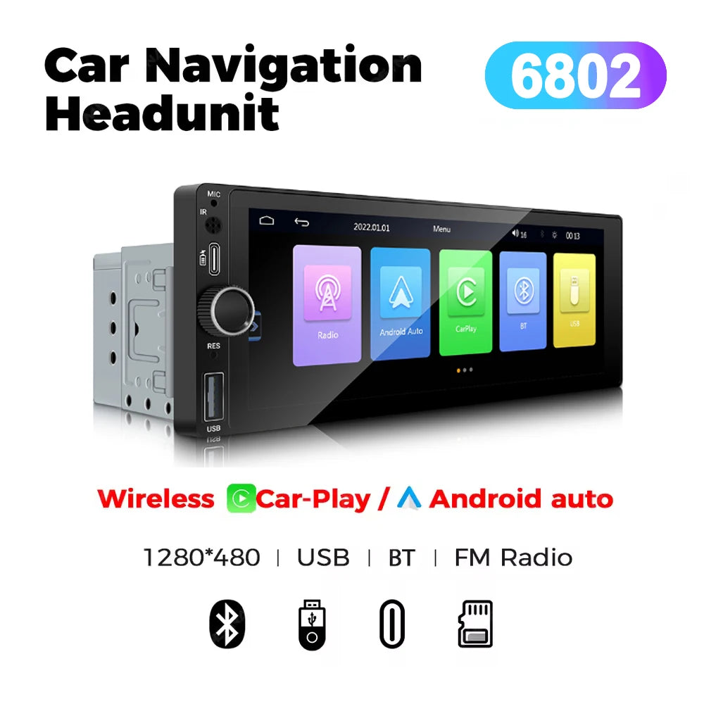 1DIN 6.86 inch Universal MP5 Car Radio Support Wireless Carplay Android AUTO AUX USB BT Touch Screen Multimedia Video Player